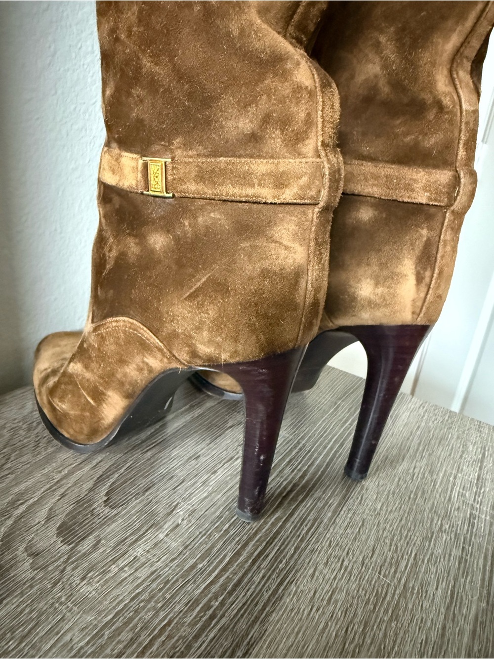 Yves Saint Laurent Camel Suede Knee-High Stiletto Boot - Picture 4 of 5
